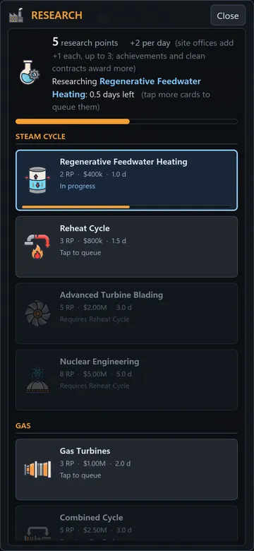 Power Plant Architect mobile research and technology tree screen